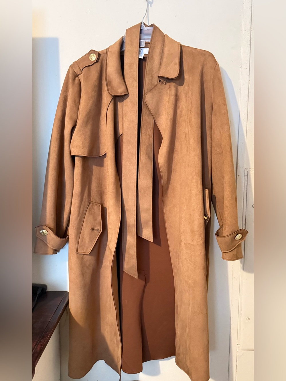 Women's Tan Faux Suede Trench Coat - Classic Long Coat Magaschoni